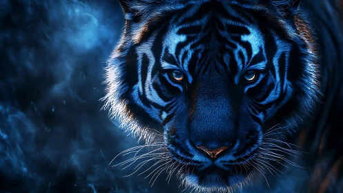 Blue-lit tiger portrait with close frontal facial focus.