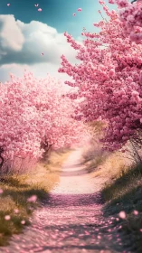 Cherry blossom path glows under soft spring daylight.