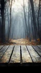 Wooden Boardwalk with Atmospheric Mist Through Dense Deciduous Forest Tunnel