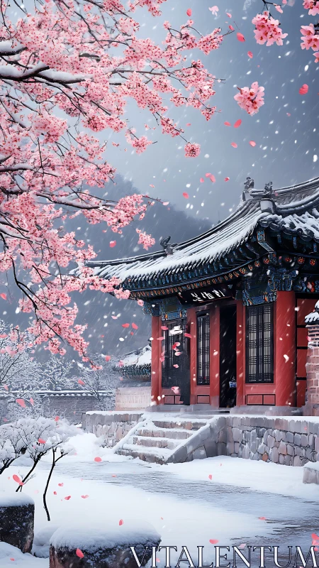 Snowy temple courtyard beneath blooming cherry branches.