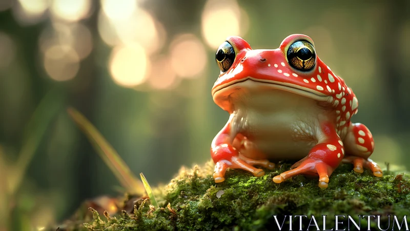 Photorealistic red tree frog on moss with shallow depth of field.
