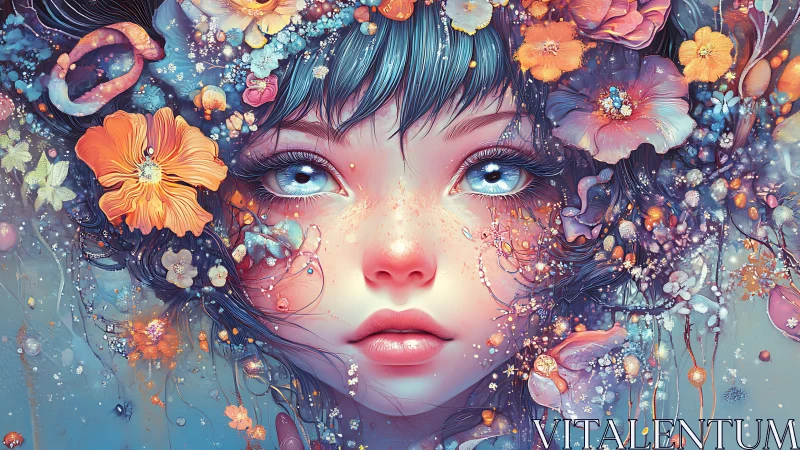Iridescent floral portrait of ethereal girl with luminescent gaze.