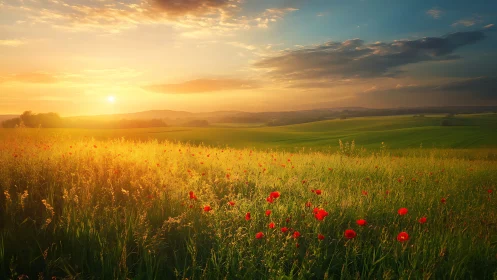 Backlit poppy meadow under low-angle sun and layered cloud bands