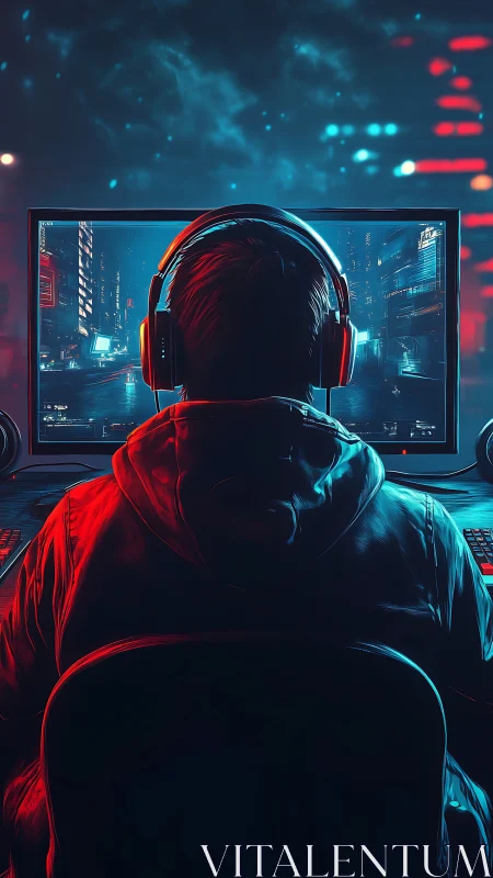 Cyberpunk gamer at neon-lit desktop battlestation.