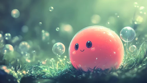 Smiling coral slime orb basking in dewlit forest dreamscape.
