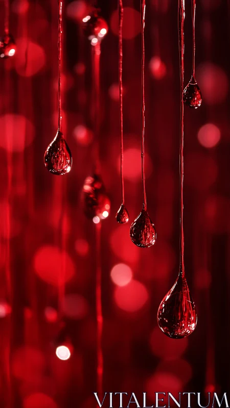 Crimson droplets suspended in rich luminous bokeh field.