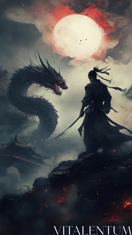 Samurai confronts a coiling dragon beneath a bloodred moon