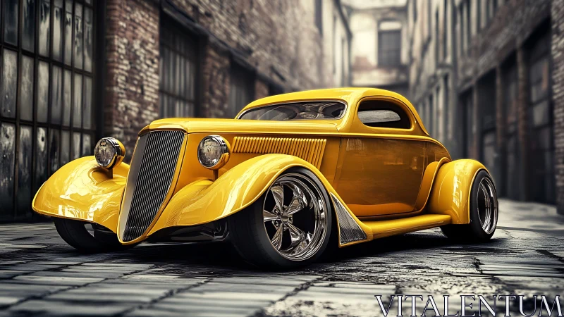 Yellow custom hot rod coupe on wet cobblestone street.