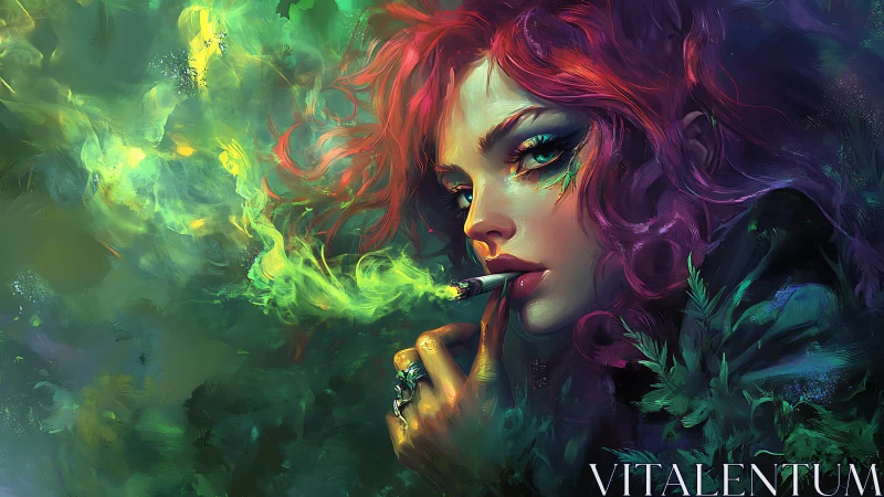 Red haired woman smoking in dense green abstract foliage.