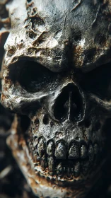 Weathered metallic skull close-up with corroded surface texture.