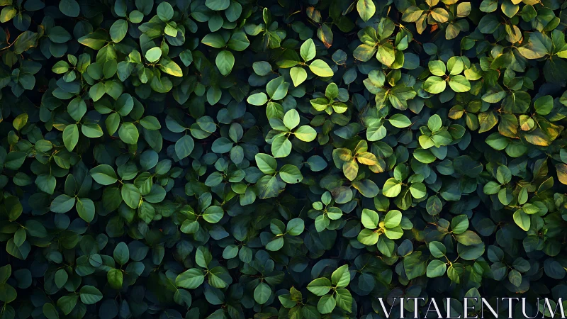 Photorealistic foliage field with layered leaf canopy structure.
