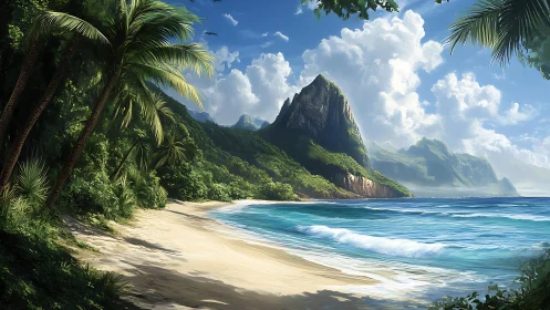 Tropical beach with dramatic mountain peak and palm forest.