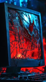 Broken CRT monitor screen illuminated by red backlight
