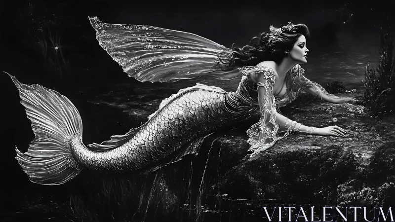 Monochrome mermaid figure resting on rocky seabed edge.