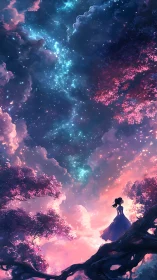 Silhouette girl observes starry sky above glowing forest