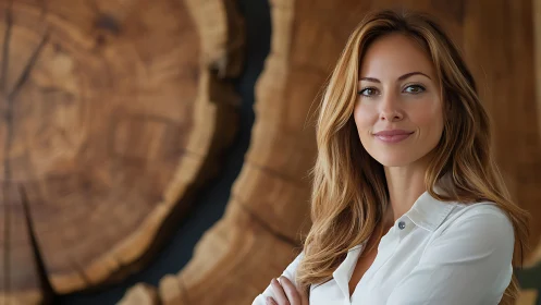 Confident Woman in White Blouse with Rustic Wooden Background.