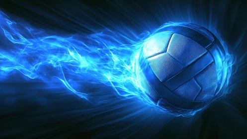 Blazing blue volleyball comet streaking through digital night.
