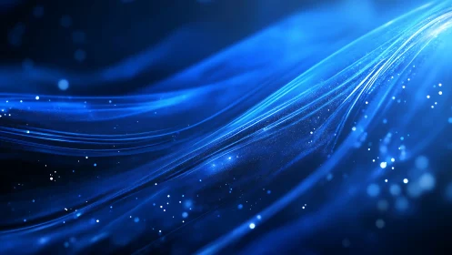Blue abstract light waves with particles on dark background.