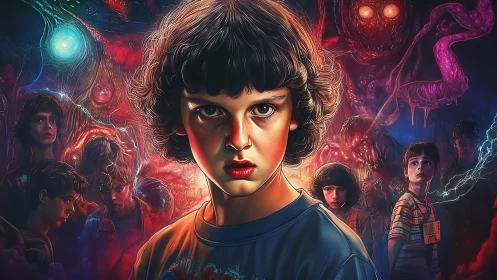 Central child portrait framed by neon-lit cosmic horror entities