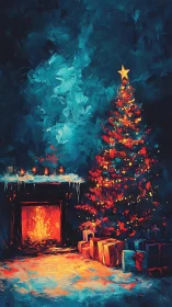 Christmas tree by fireplace with glowing wrapped gifts.