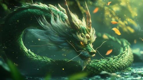 Coiled green dragon rendered in detailed digital environment