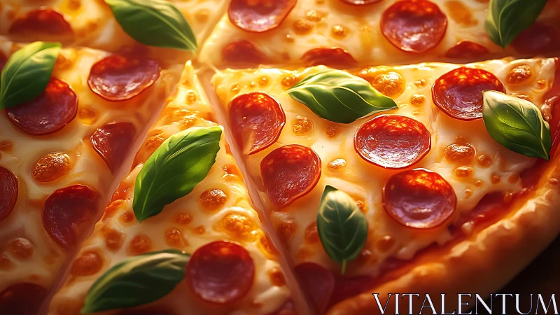 Golden pepperoni pizza slices with fresh basil warmth.