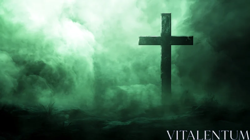 Lone cross rises through eerie green fog and shadowed ground.