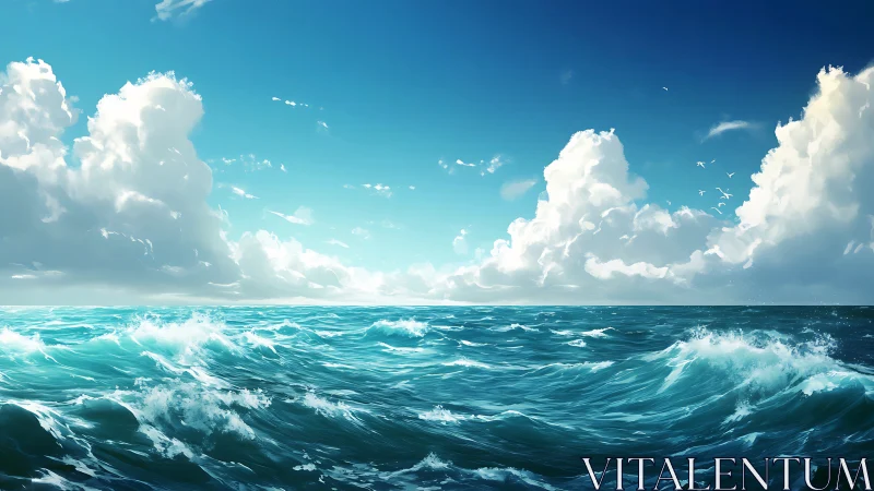 Sunlit open ocean waves roll beneath towering cumulus clouds