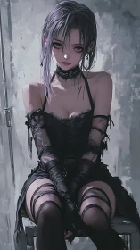 Brooding goth siren in tattered lace and silver shadows.