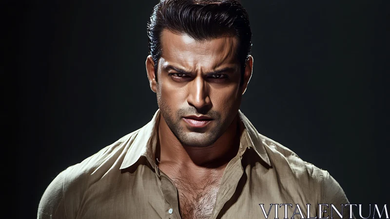 Male subject in neutral shirt under directional studio light.