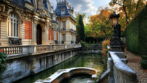 Belle Époque riverside chateau with ornate canal garden.