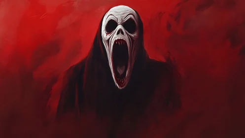 Monochrome skull mask entity on blood-red abstract field