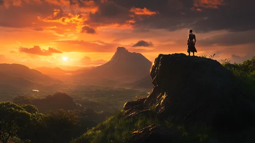 Solitary wanderer surveys a vivid volcanic valley at sunset.