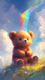Fluffy baby bear under glowing rainbow sky on meadow.