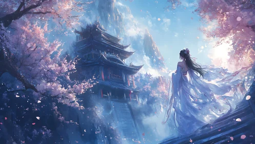 Elegant woman facing mountain temple under cherry trees.