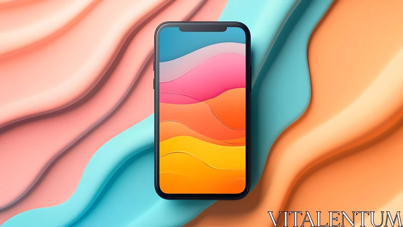 Smartphone displays vivid abstract waves on layered pastel background