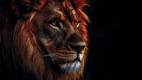 Majestic lion portrait glows against deep black background