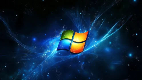 Glowing Windows style logo shines in a deep cosmic sky
