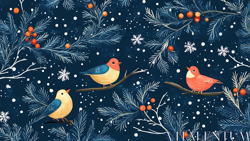Stylized winter songbirds on pine branches with repeating vector layout