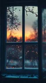 Snowy winter window framing warm glowing sunset sky.