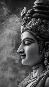 Monochrome sculptural profile with drifting ceremonial smoke.
