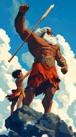 Mythic warrior and child atop stormlit mountain peak.