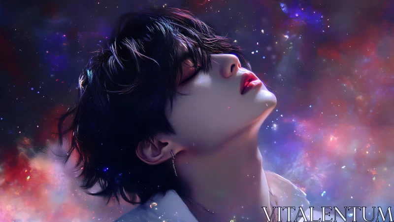 Ethereal portrait of dreamy youth drifting in cosmic starlight
