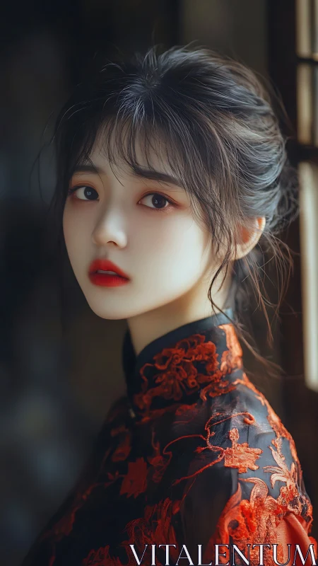 Elegant digital portrait of young woman in red qipao.