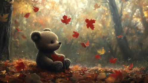 Soft toy bear in glowing autumn forest with falling leaves.