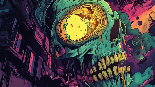 Neon skull erupts over dystopian city in chaotic cosmic haze
