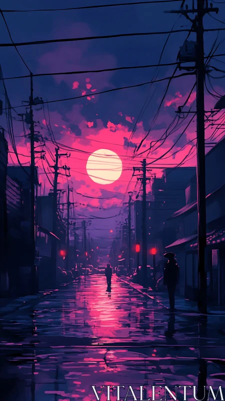 Urban street under vivid pink sunset sky with silhouettes.