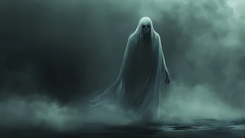 Volumetric fog enshrouds spectral figure with translucent drapery