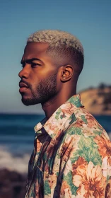 Side profile portrait with floral shirt by seaside.