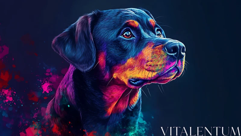 Neon-lit rottweiler portrait glows with vibrant colors.